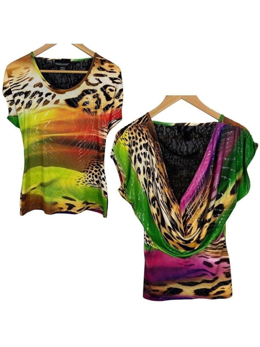 Frank Lyman Artsy Bold Short Sleeve Top Sz 8 M Bright Colourful Cowl Lace EUC